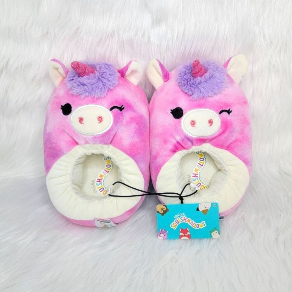 Squishmallows kids Lola the unicorn plush slippers.